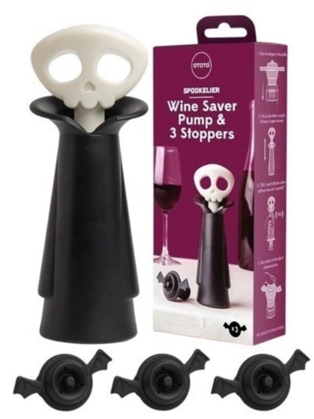 Wine Saver Pump + 3 Wine Stopper Skull Skeleton Wine Down Halloween Summerween